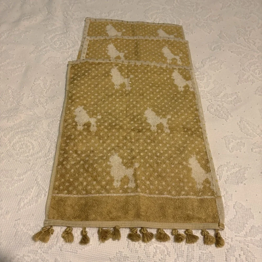 Poodle‎ Hand Towels Gold Cream All Over Print Fancy VTG 3 Fringed
